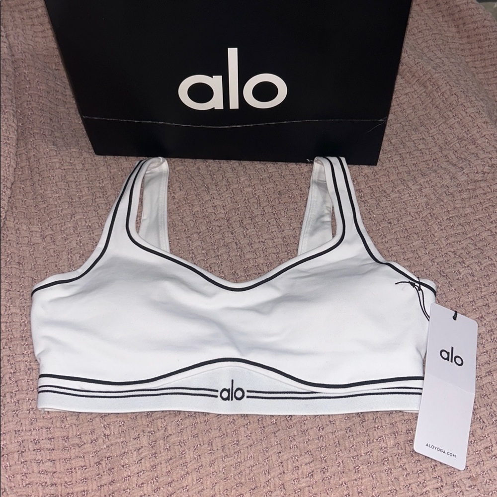 ALO Yoga White Sports Bra with Black Trim
